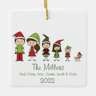 Ornement En Céramique Family of 5 with Dog Personalized Christmas