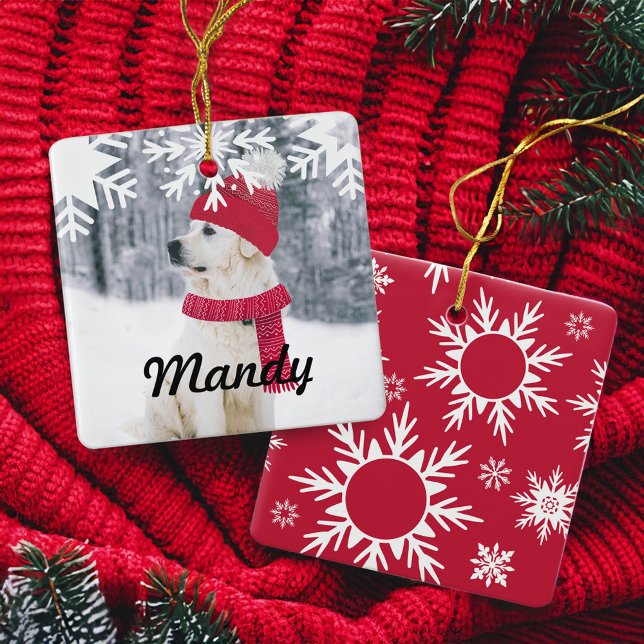 Ornement En Céramique Family & Pet Photo Winter Hat & Scarf Snowflake (Family & Pet Photo Winter Hat & Scarf Snowflake Ceramic Ornament)