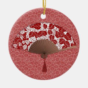 Ornement En Céramique Fan japonaise dans la copie de feuille, rouge
