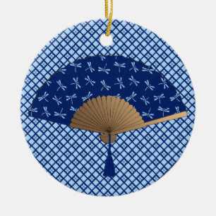 Ornement En Céramique Fan japonaise, motif de libellule, bleu de cobalt