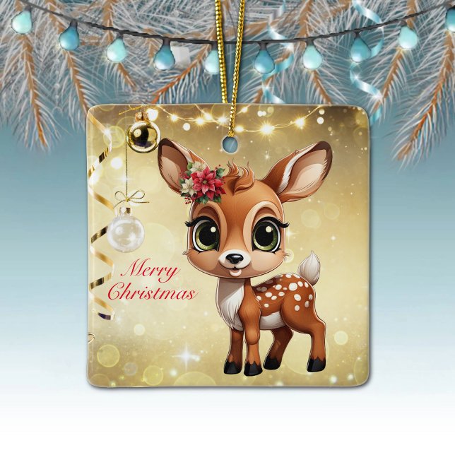 Ornement En Céramique Faon, Biche 🦌 🎄Joyeux Noël doré (Baby Deer, Floral Fawn, Doe Poinsettia Customizable Merry Christmas Gold Square Ceramic Ornament🦌🎄)