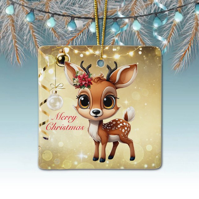 Ornement En Céramique Faon, Biche, Renne🦌 🎄Joyeux Noël (Reindeer, Floral Fawn, Doe Poinsettia Customizable Merry Christmas Gold Square Ceramic Ornament🦌🎄)