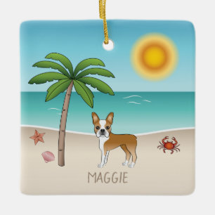 Ornement En Céramique Fawn Boston Terrier À Une Plage Tropicale D'Été