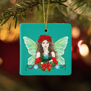 Ornement En Céramique Fée de Noël Brune Rouge Vertes Poinsettias