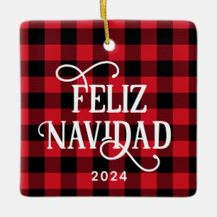 Ornement En Céramique Feliz Navidad Red Buffalo Plaid Photo de famille