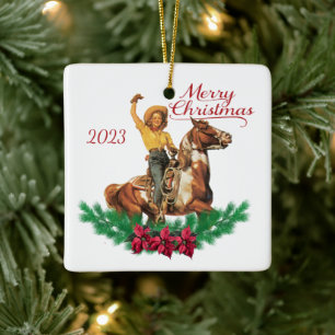 Ornement En Céramique Femme vintage à cheval Joyeux Napkins de Noël