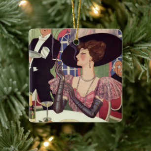 Ornement En Céramique Femme vintage Boire Champagne Fumer Cigarette