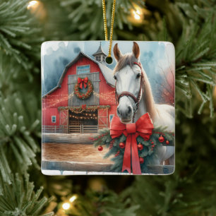 Ornement En Céramique Ferme festive de Cheval Blanc Noël personnalisé
