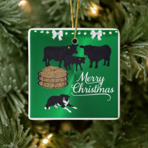 Ornement En Céramique Ferme Ranch Noir Angus Bovins Et Chiens Noël