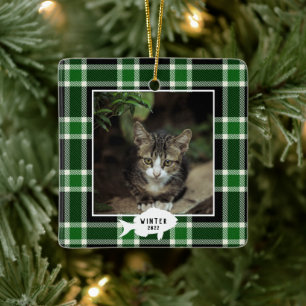 Ornement En Céramique Festif Green Plaid Nom du chat Noël