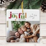 Ornement En Céramique Festif Joyful 2 Photo Noël<br><div class="desc">Un ornement photo de Noël avec le mot "joyful" dans un texte ludique et des couleurs festives. Le design offre de l'espace pour une photo à l'avant et une autre à l'arrière.</div>