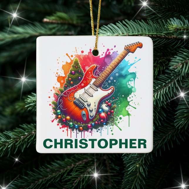 Ornement En Céramique Festive Christmas Electric Guitar Custom Name (Créateur téléchargé)