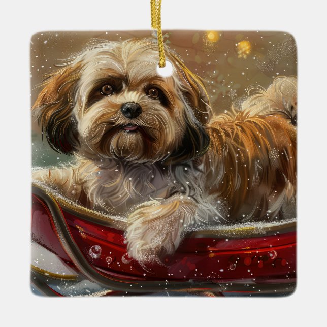 Ornement En Céramique Festive de Noël de chien Lhasa Apso (Devant)