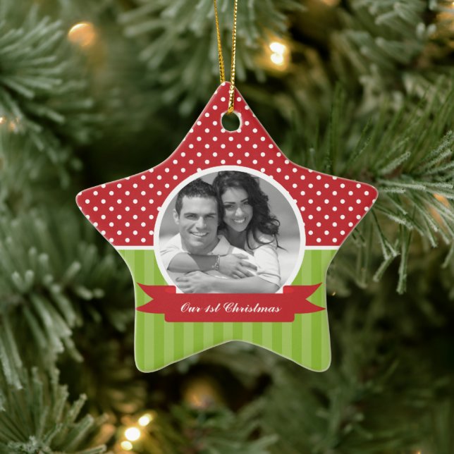 Ornement En Céramique Festive Rouge et Vert Photo Noël (Arbre)