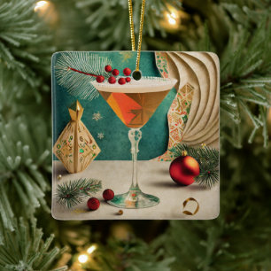Ornement En Céramique Fête de cocktail de Noël du milieu du siècle Happy