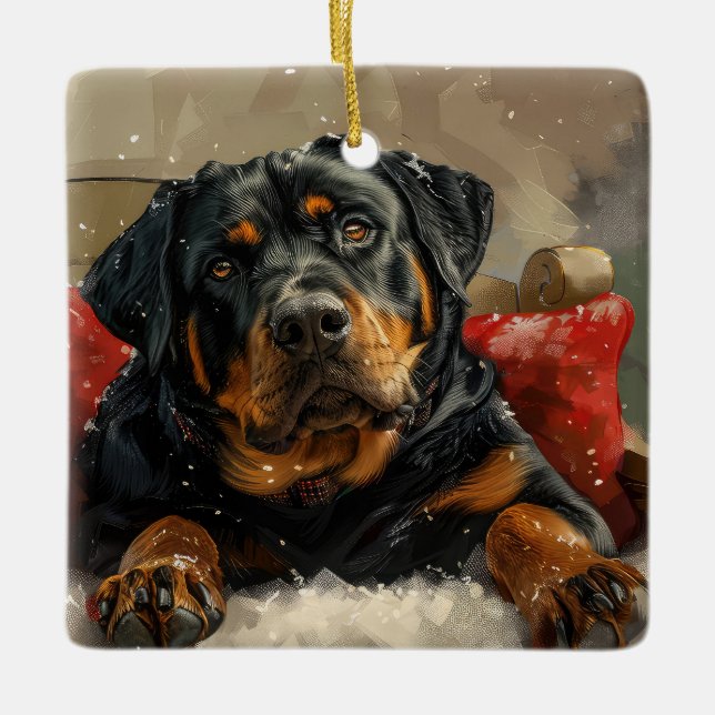 Ornement En Céramique Fête de Noël de chien Rottweiler (Devant)