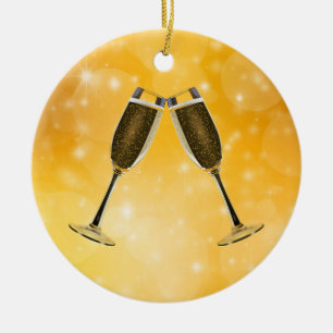 Ornement En Céramique Fête des Lunettes de Champagne sur l'or mousseux