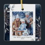 Ornement En Céramique Feuillage d'hiver Tan & Grey Photo de Noël Bleu<br><div class="desc">Cette décoration de Noël photo présente un feuillage d'hiver gris et tan muet sur un arrière - plan bleu foncé. Personnalisez cet élégant ornement de Noël avec votre photo de famille.</div>