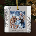 Ornement En Céramique Feuillage d'hiver Tan & Grey Photo Noël<br><div class="desc">Cette photo ornement de Noël présente un feuillage d'hiver gris et tan muet. Personnalisez cet élégant ornement de Noël avec votre photo de famille.</div>