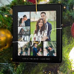 Ornement En Céramique Fiançailles photo collage script moderne<br><div class="desc">Cadeau spécial garde-saké modèle moderne noir et blanc pour un couple engagé avec six photos personnalisées et un script de calligraphie moderne. Personnalisez-le avec vos images et texte ! Veuillez noter que la couleur arrière - plan est modifiable. Vous pouvez remplacer le noir par n'importe quelle autre couleur après avoir...</div>