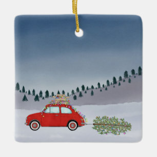 Ornement En Céramique Fiat 500 voiture avec arbre de Noël Aquarelle