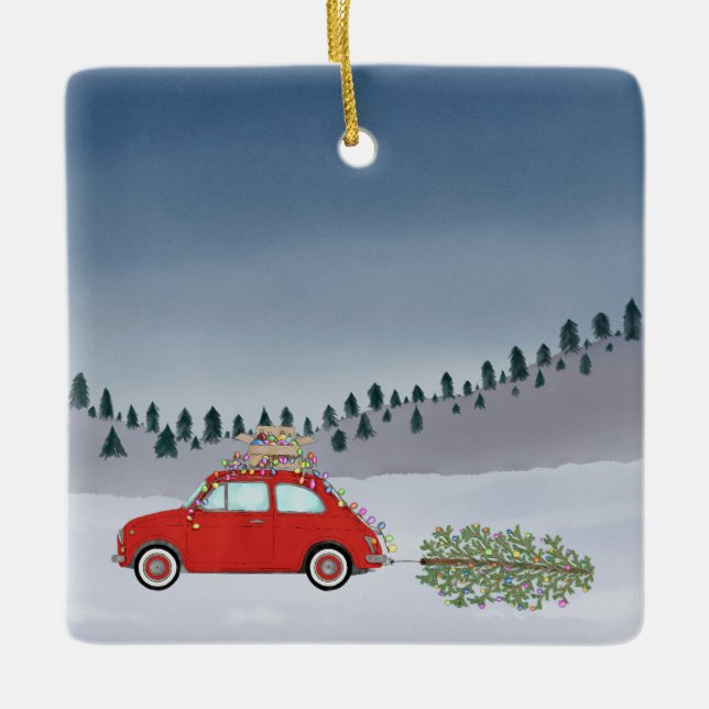 Ornement En Céramique Fiat 500 voiture avec arbre de Noël Aquarelle (Devant)