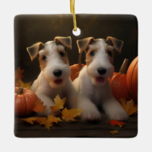 Ornement En Céramique Fil Fox Terrier Puppy Automne Citrouille de plaisi
