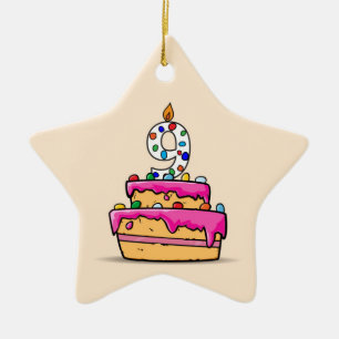 Ornement En Céramique Fille 9ème Anniversaire, 9 sur Gâteau Rose Sucré