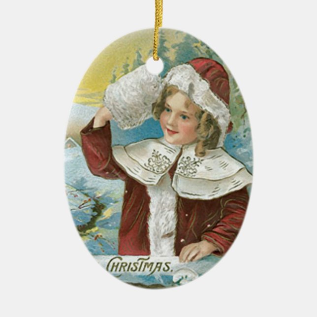 Ornement En Céramique Fille de Noël Vintage en costume Père Noël (Devant)