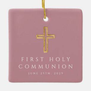 Ornement En Céramique Fille de photo croix religieuse rose Première Comm