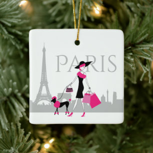Ornement En Céramique Fille et caniche à Paris Tour Eiffel Noël