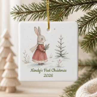Ornement En Céramique Fille Lapin Personnalisé Premier Noël