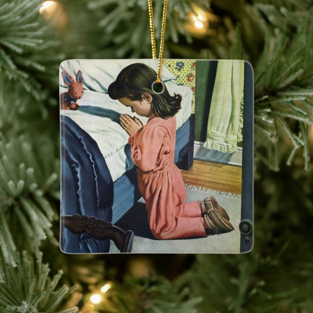 Ornement En Céramique Fille priant au coucher, la prière du Seigneur (Arbre)