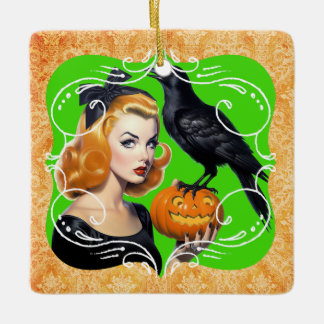 Ornement En Céramique Fille sexy d'Halloween et corbeau