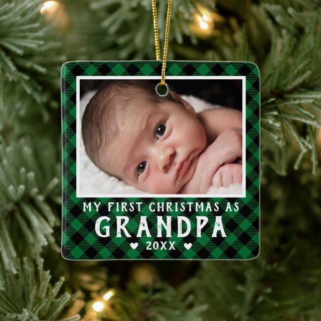 Ornement En Céramique First Christmas as Grandpa Baby Photo Plaid (Arbre)
