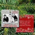 Ornement En Céramique First Christmas Baby Boy Double Sided Ornament<br><div class="desc">Baby boy photo first Christmas ornament keepsake. Double sided, square tree ornament in gray with red text. Photo template is horizontal with a dark gray border. Year date at the top, with name and “first Christmas” text beneath the photo. On the back more text an be added in white over...</div>
