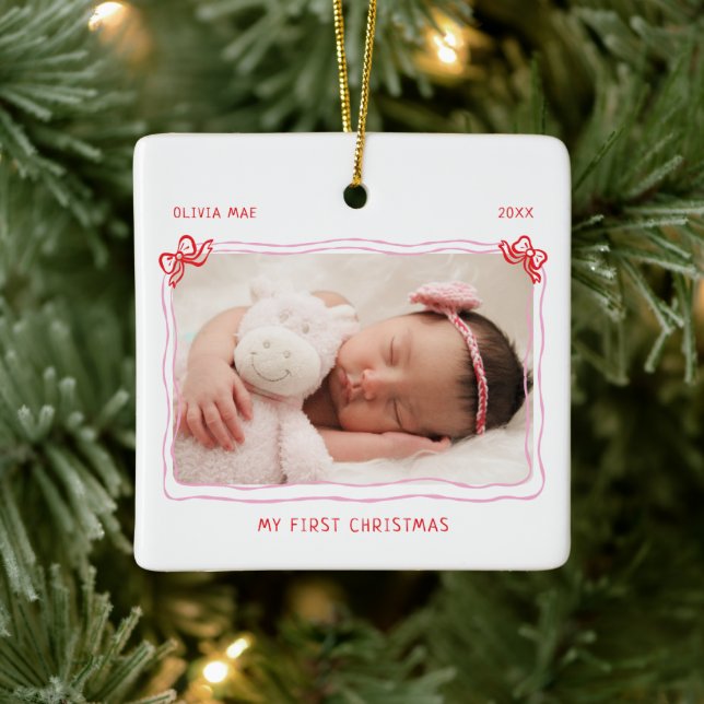 Ornement En Céramique First Christmas Baby Hand Drawn Bow Frame (Arbre)