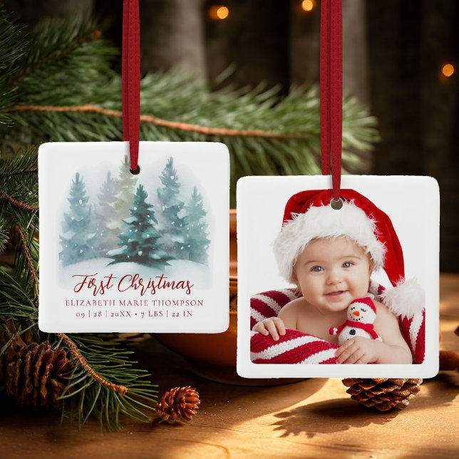 Ornement En Céramique First Christmas Baby Name Snowy Woodland Photo  (baby first christmas ornament enchanted forest winter wonderland photo template red calligraphy)