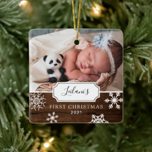Ornement En Céramique First Christmas Baby Photo Snow Wood
