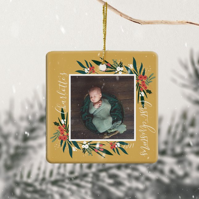 Ornement En Céramique  First Christmas Cranberry & Foliage Baby Photo (First Christmas Cranberry & Foliage Baby Photo Ceramic Ornament)