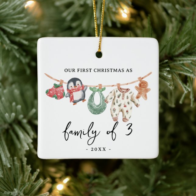 Ornement En Céramique First Christmas Family of 3 with photo cute boho (Arbre)
