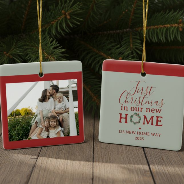 Ornement En Céramique First Christmas In Our New Home Family Photo (Celebrate the holiday season with this First Christmas In Our New Home Family Photo Ceramic Ornament)
