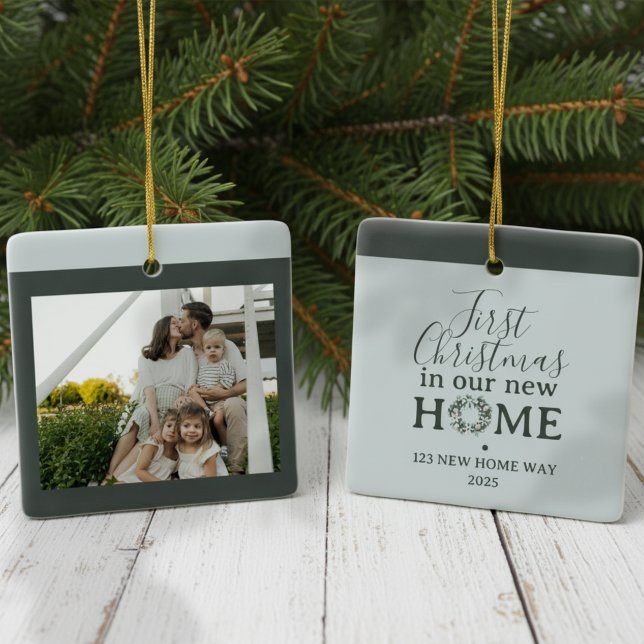 Ornement En Céramique First Christmas In Our New Home Family Photo (Celebrate the holiday season with this First Christmas In Our New Home Family Photo Ceramic Ornament)
