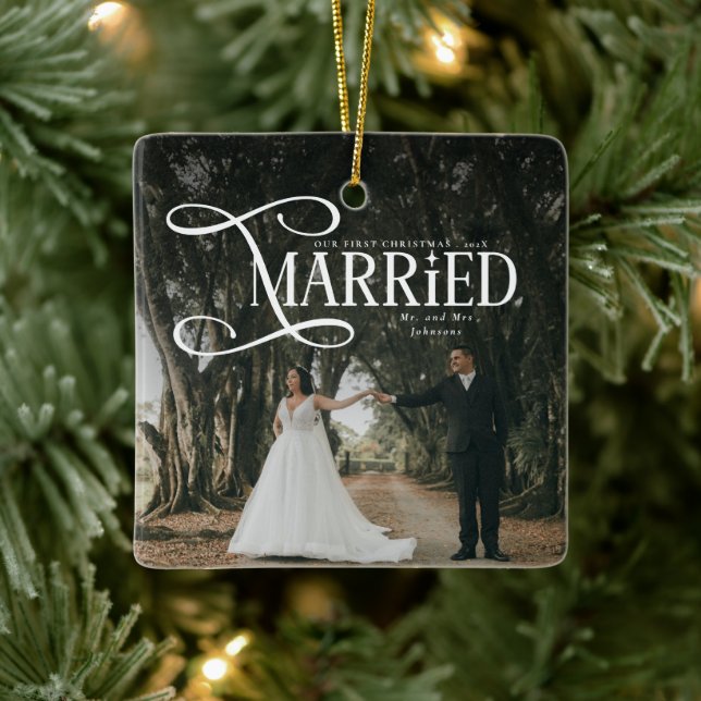 Ornement En Céramique First Christmas Married Mr & Mrs Couples Photo  (Arbre)