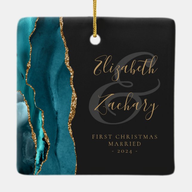 Ornement En Céramique First Christmas Married Teal Agate Gold Script (Dos)