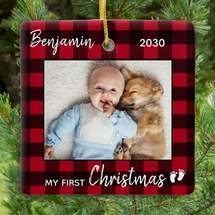 Ornement En Céramique First Christmas Red Buffalo Plaid Cute Baby Photo