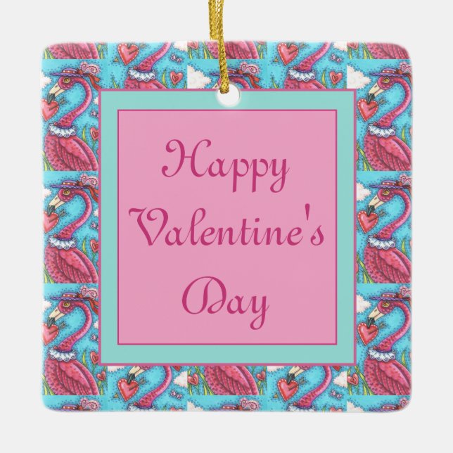Ornement En Céramique Flamant rose ROSE COEURS DE VALENTINE, INSÉPARABLE (Devant)