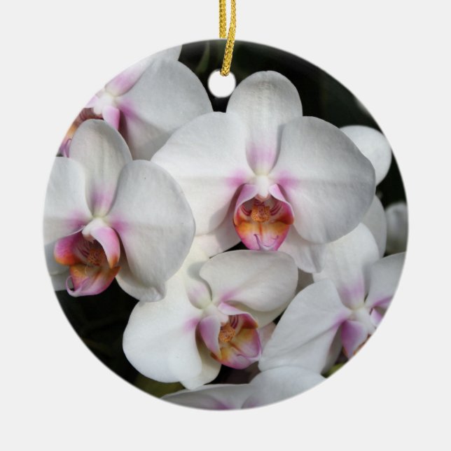 Ornement En Céramique Fleur d'orchidée blanche exotique. Joyeux annivers (Devant)