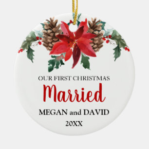 Ornement En Céramique Fleurs d'hiver rouge mariées à Noël
