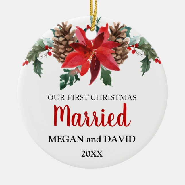 Ornement En Céramique Fleurs d'hiver rouge mariées à Noël (Devant)